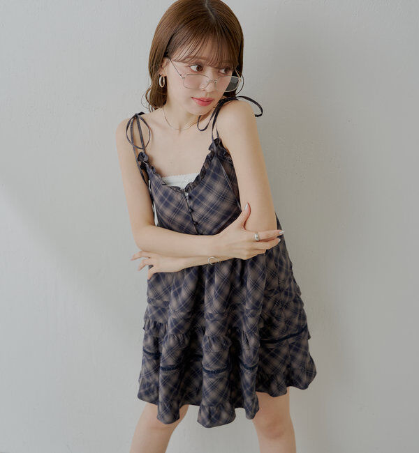  「【WEB限定追加】肩リボンコットンレースフリルキャミミニワンピ」|ワンピース|ネイビー