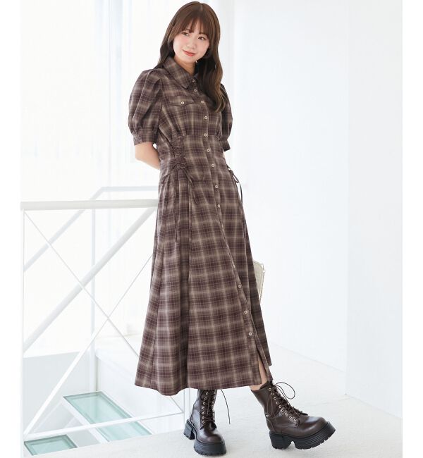  「サイドレースアップシャツワンピース」|ワンピース|ブラウン柄