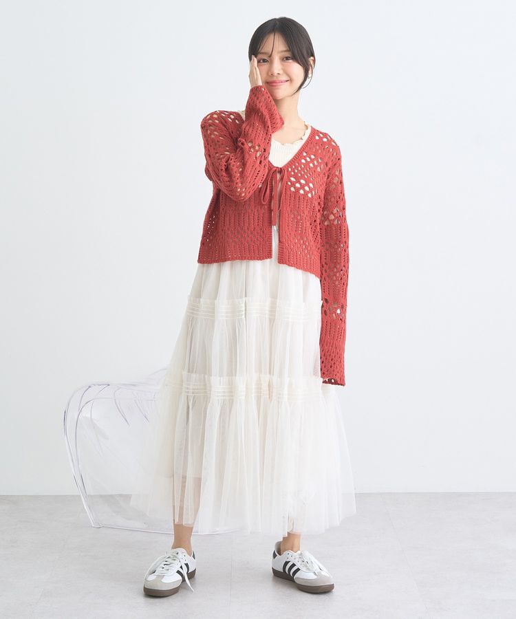 earth music&ecology「フロントリボン透かし編みカーディガン」|カーディガン|