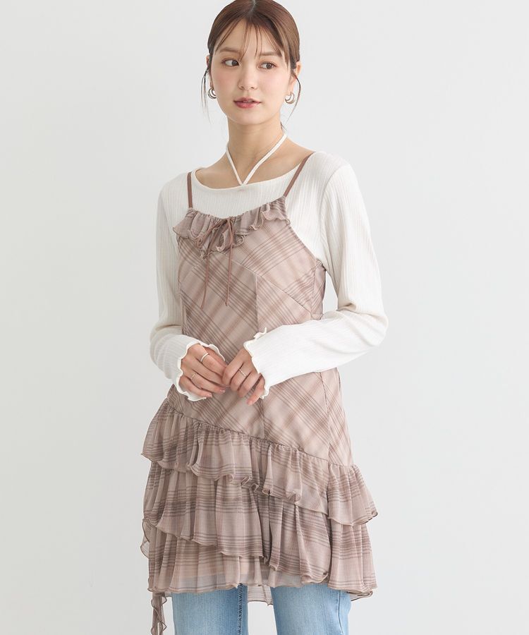 earth music&ecology「フロントリボンチェックミニキャミワンピース」|ワンピース|チェックブラウン