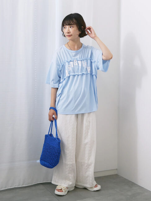 Samansa Mos2 blue「◎【接触冷感】シャーリングドッキングTシャツ」|Tシャツ・カットソー|