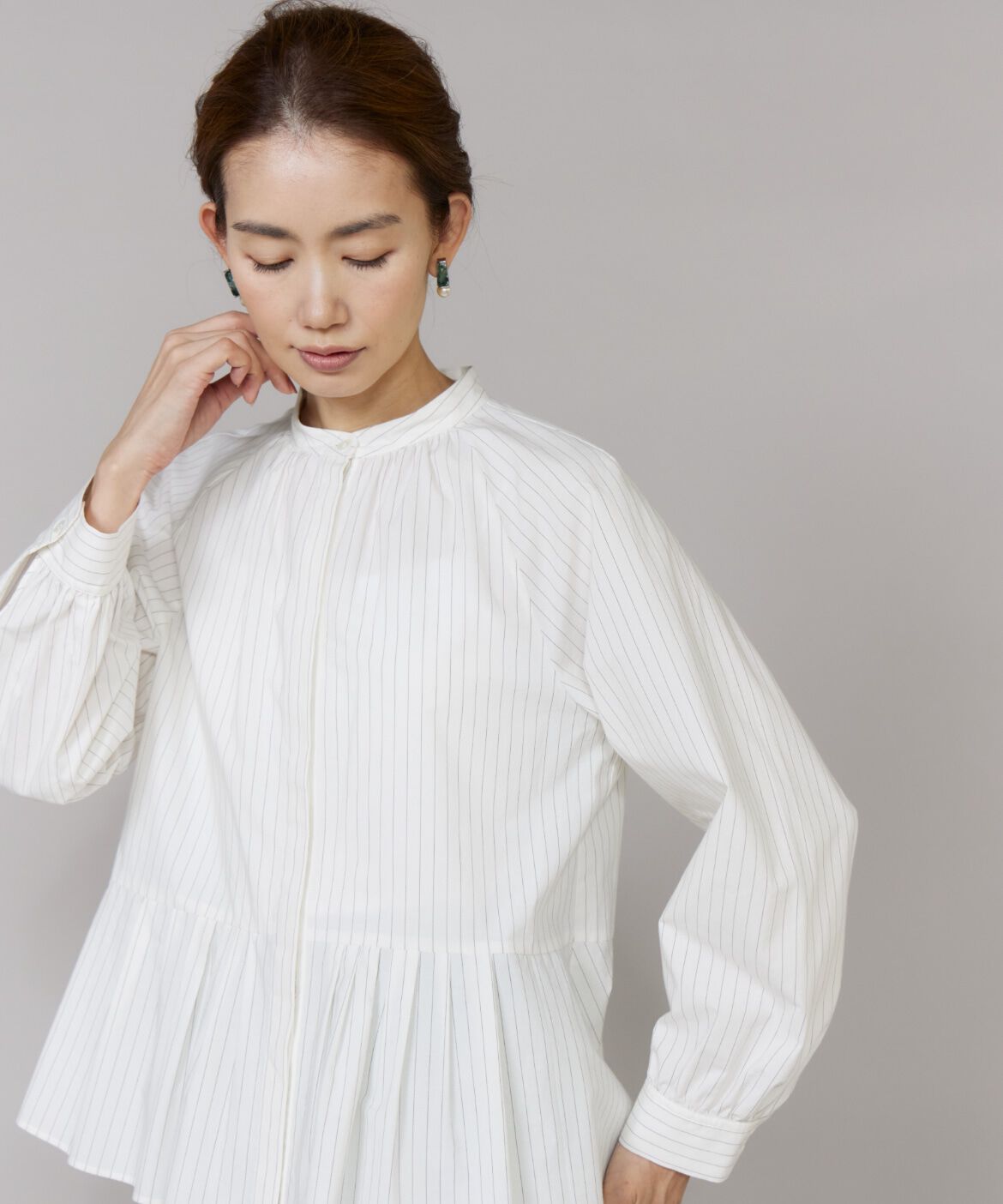 Le Souk「《大きいサイズ》ストライプバンドカラーペプラムブラウス」|シャツ・ブラウス|