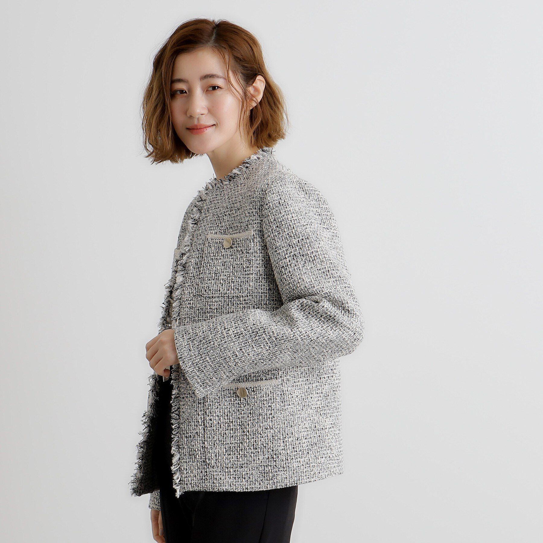 grove「フリンジツイードジャケット」|ノーカラージャケット|