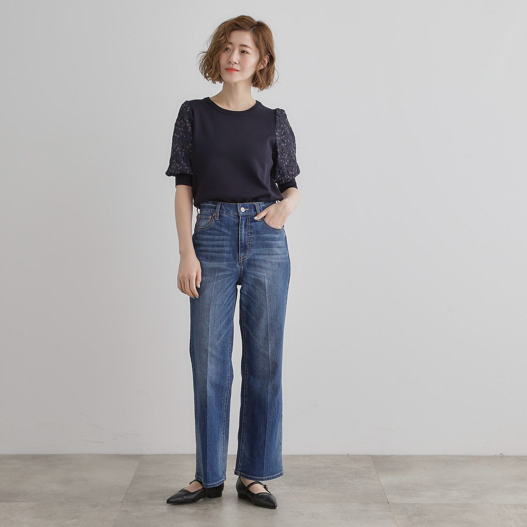 grove「ほんのり透ける抜け感がポイント！袖刺繍5分袖プルオーバー」|ニット・セーター|