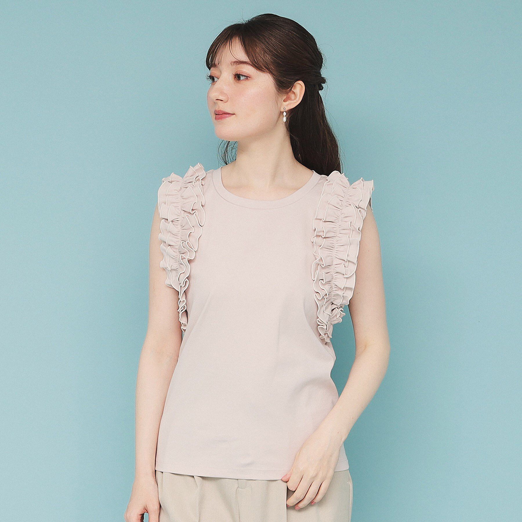 index「《美人百花掲載》フリルドッキングノースリーブトップス【接触冷感/UVケア/洗濯機洗い可】」|Tシャツ・カットソー|