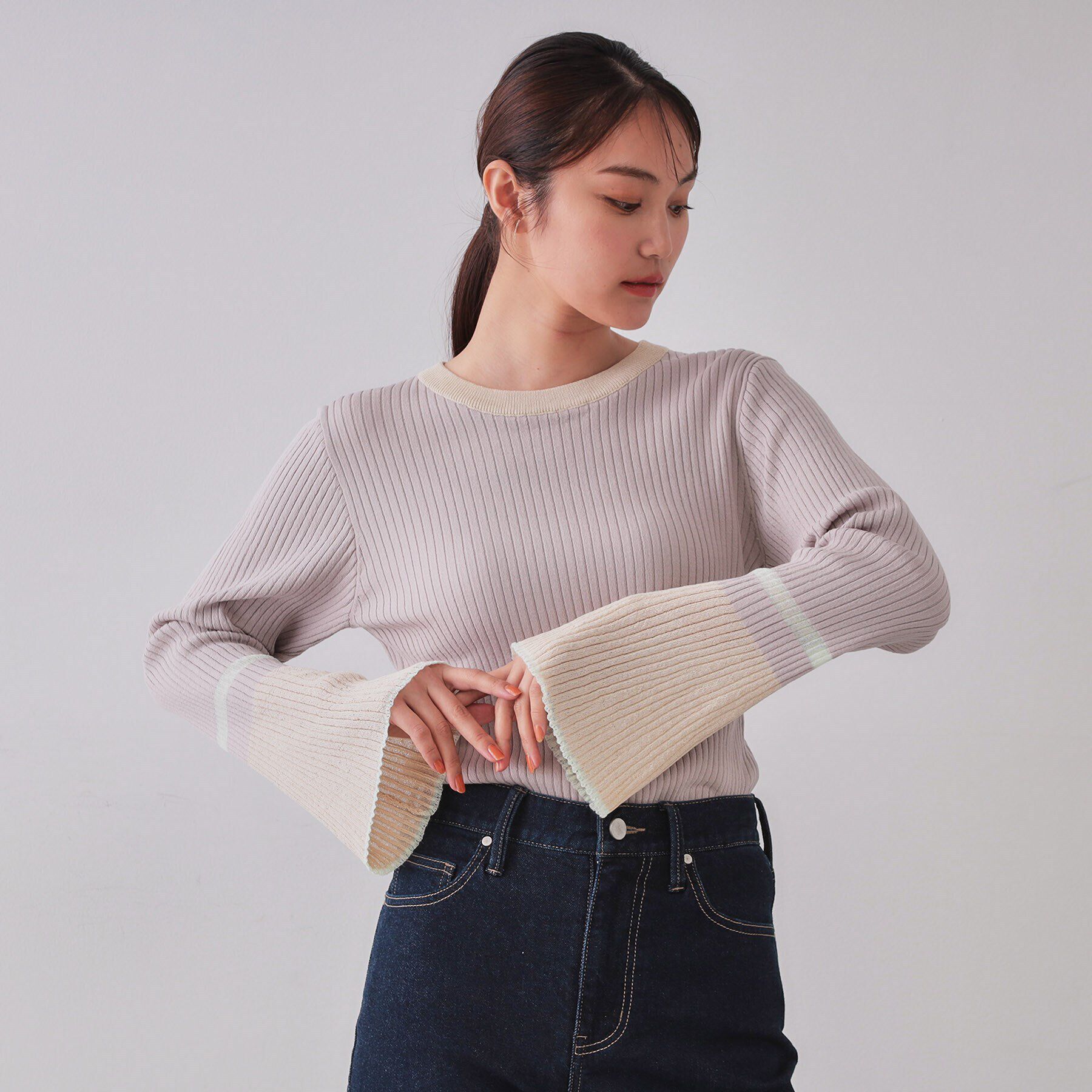 OPAQUE.CLIP「配色フレアスリーブワイドリブニット【洗濯機洗い可】」|ニット・セーター|ライトグレー(511