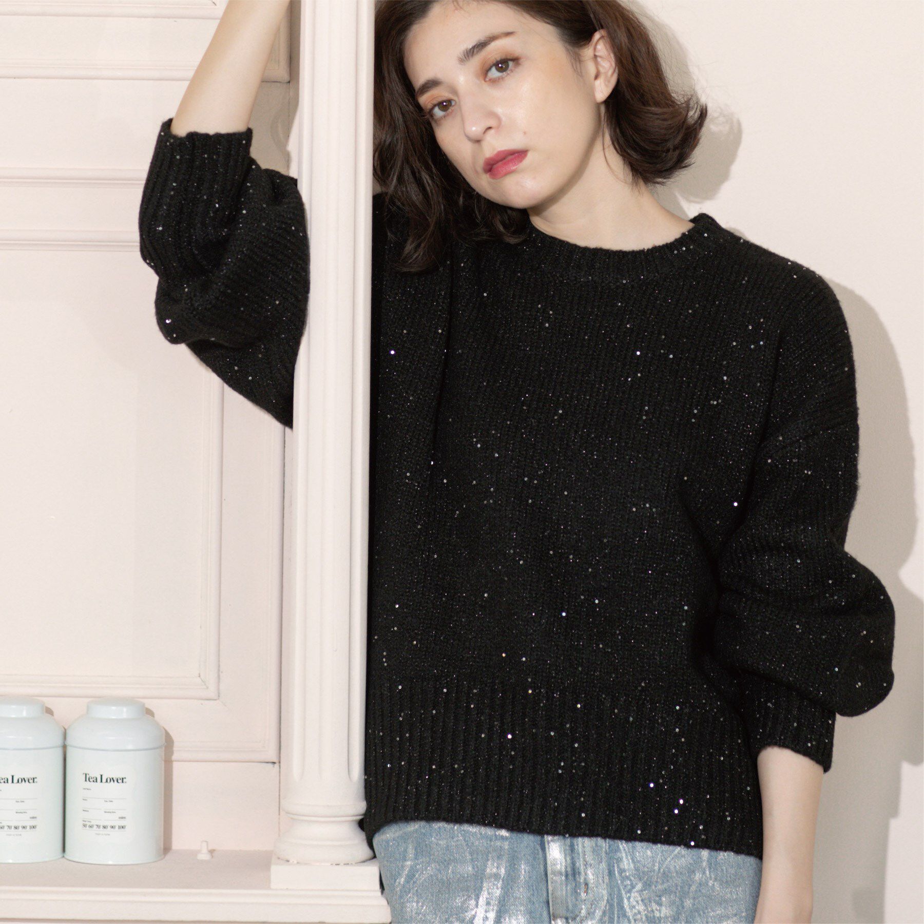 OPAQUE.CLIP「スパンコールラメニット【洗える】」|ニット・セーター|ブラック(619)