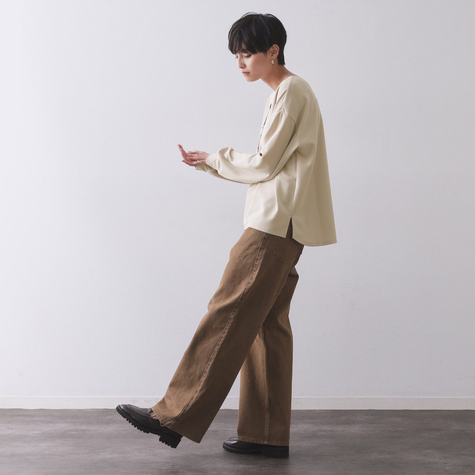 OPAQUE.CLIP「サテン使いヘンリーネックトップス【洗濯機OK】」|Tシャツ・カットソー|