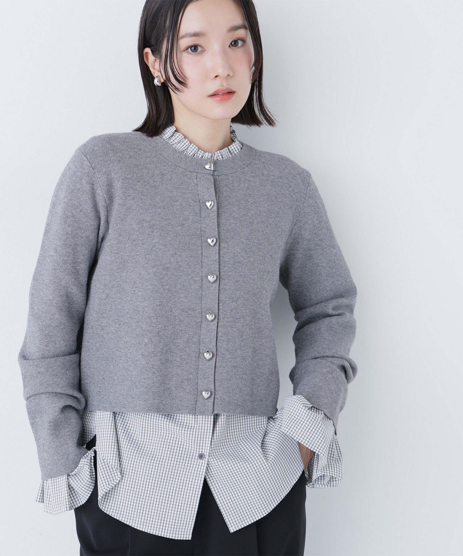  「ハートボタンニットジャケット」|ニット・セーター|杢グレー