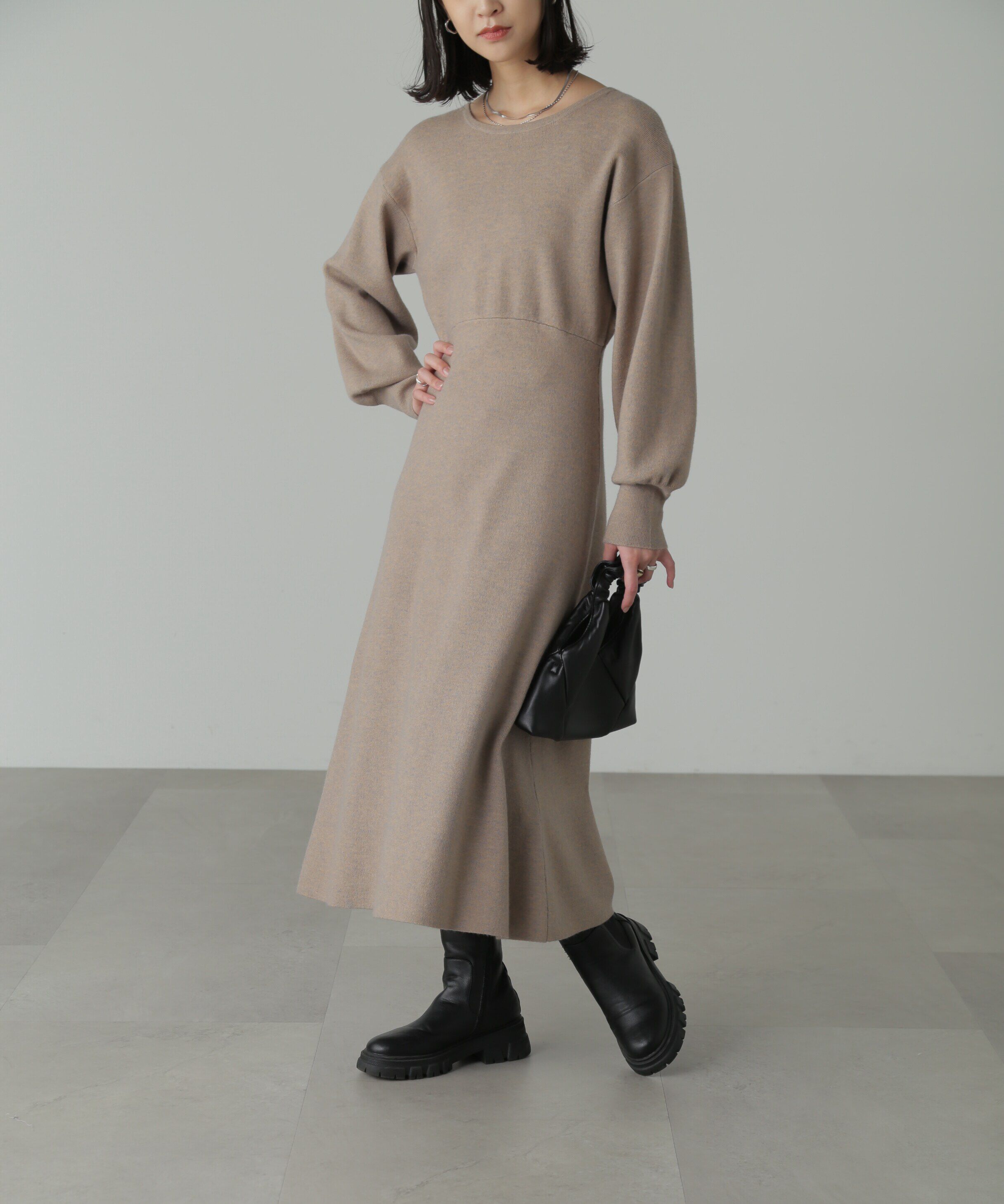  「バックレースアップロングニットワンピース」|ワンピース|