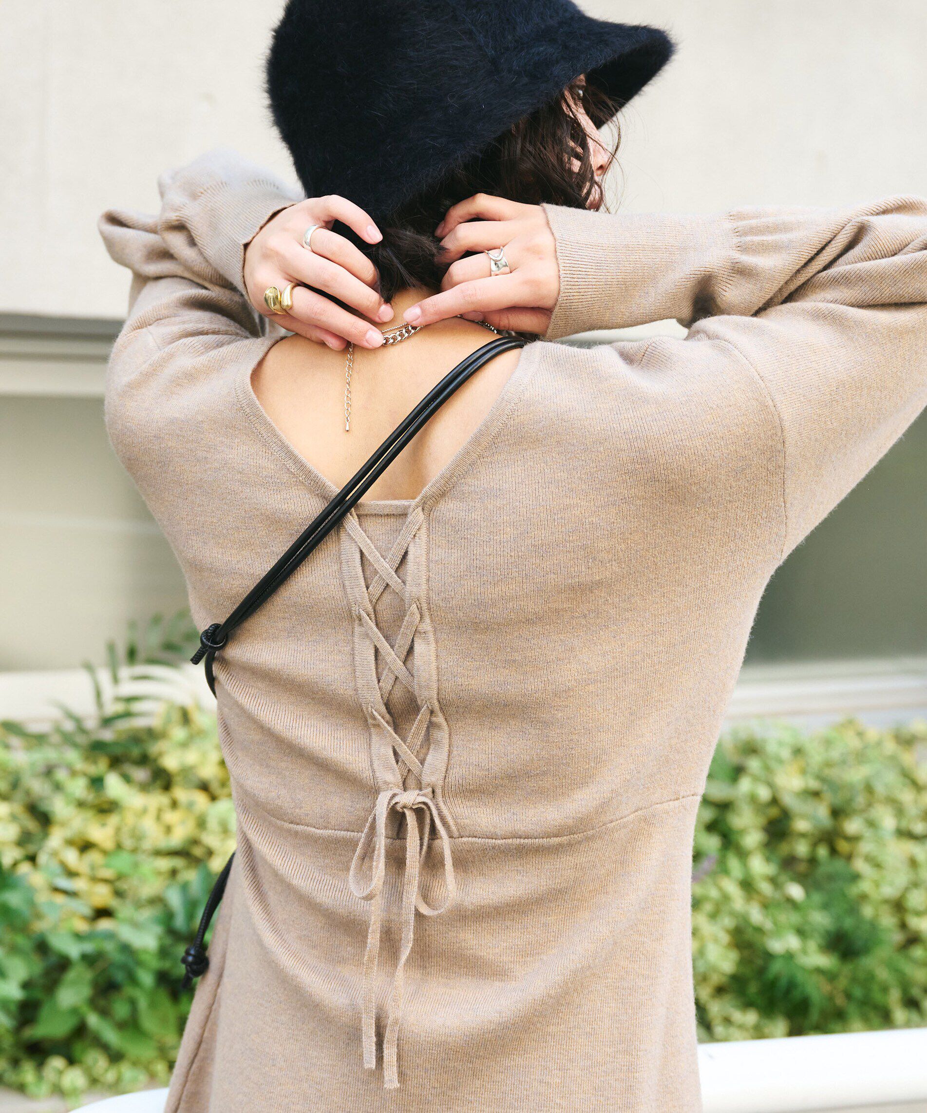  「バックレースアップロングニットワンピース」|ワンピース|