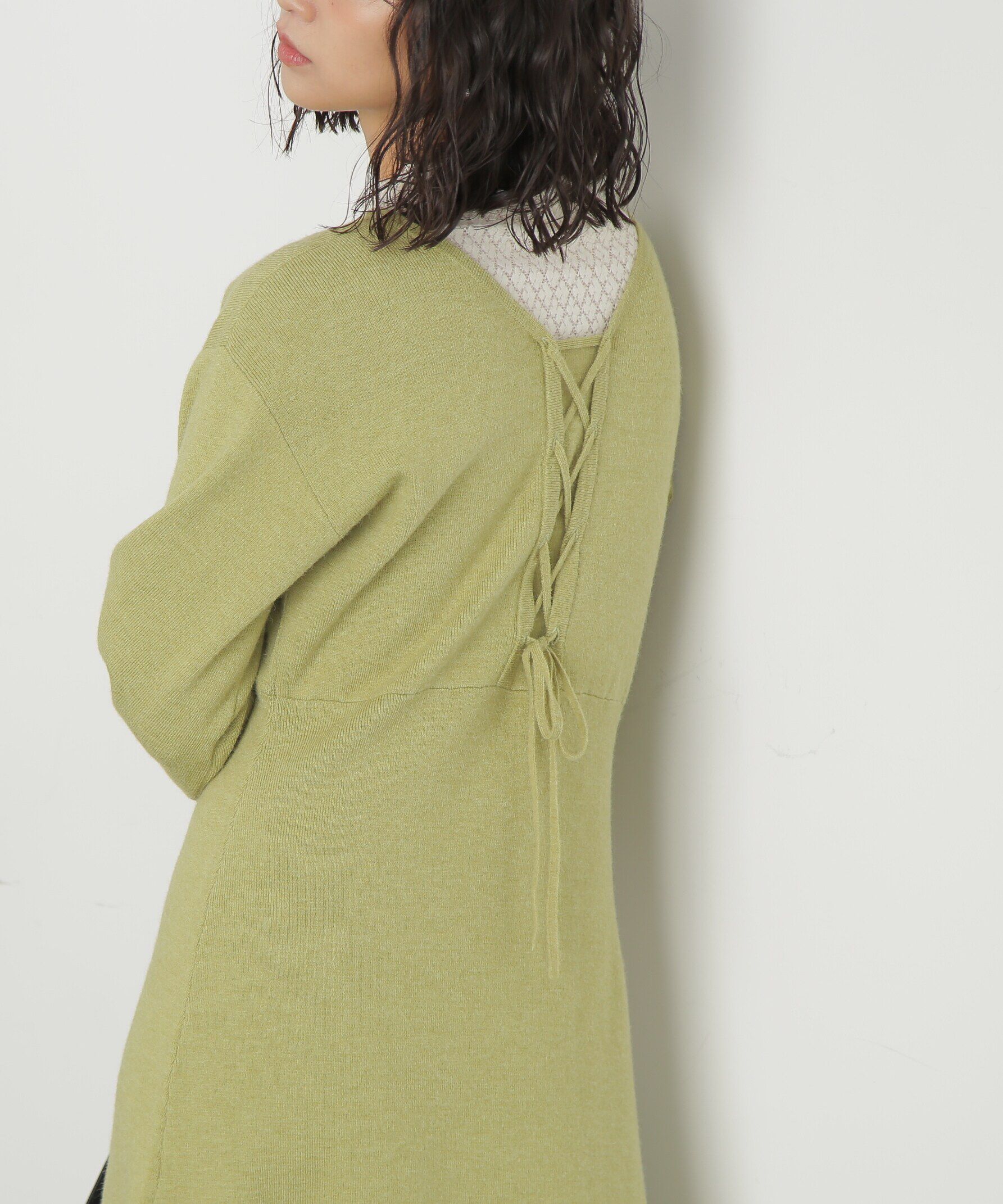  「バックレースアップロングニットワンピース」|ワンピース|