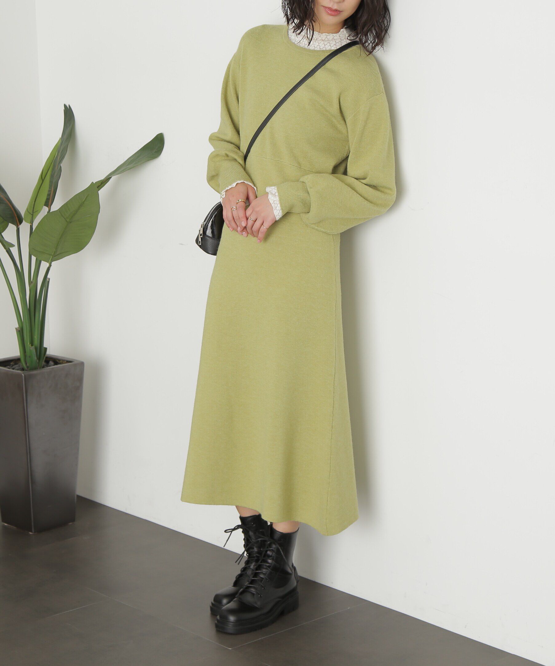  「バックレースアップロングニットワンピース」|ワンピース|