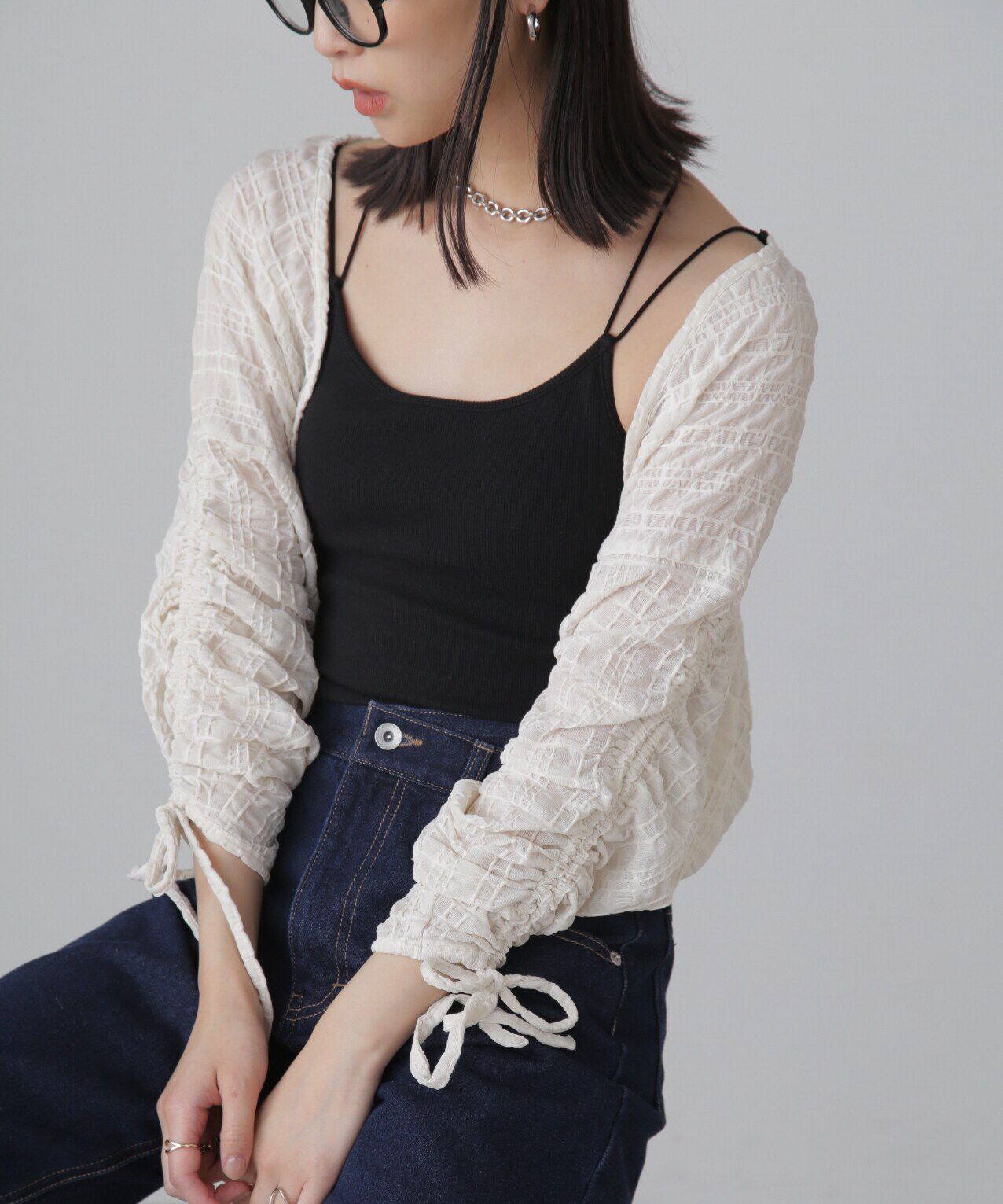  「シアーチェック袖シャーリングボレロ」|Tシャツ・カットソー|