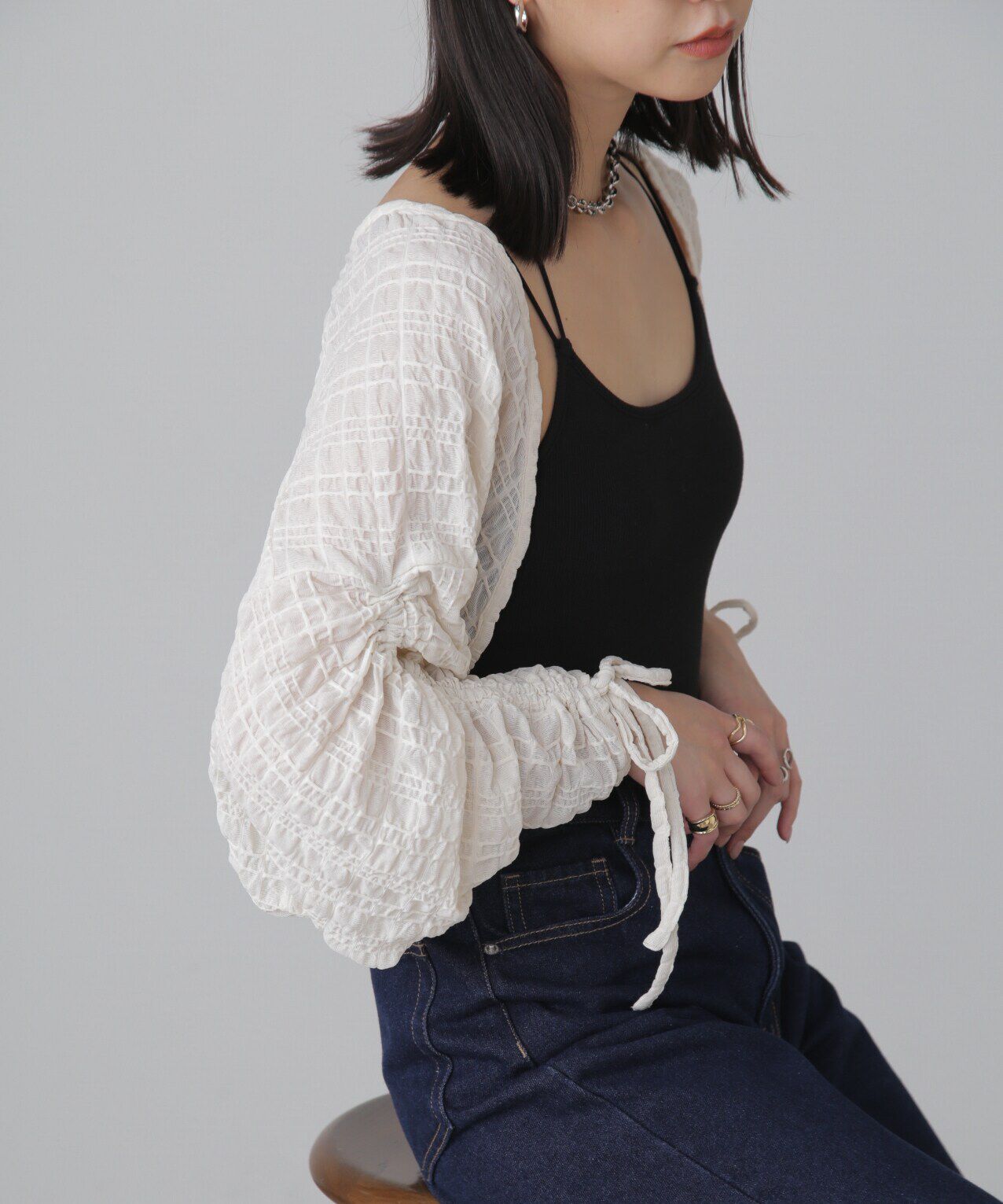  「シアーチェック袖シャーリングボレロ」|Tシャツ・カットソー|