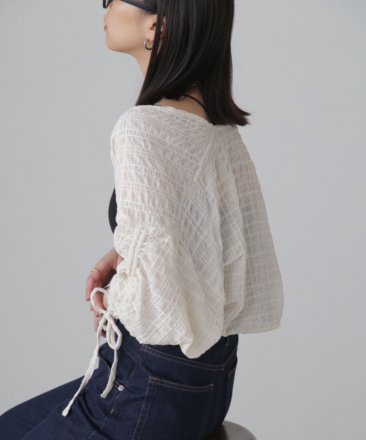  「シアーチェック袖シャーリングボレロ」|Tシャツ・カットソー|