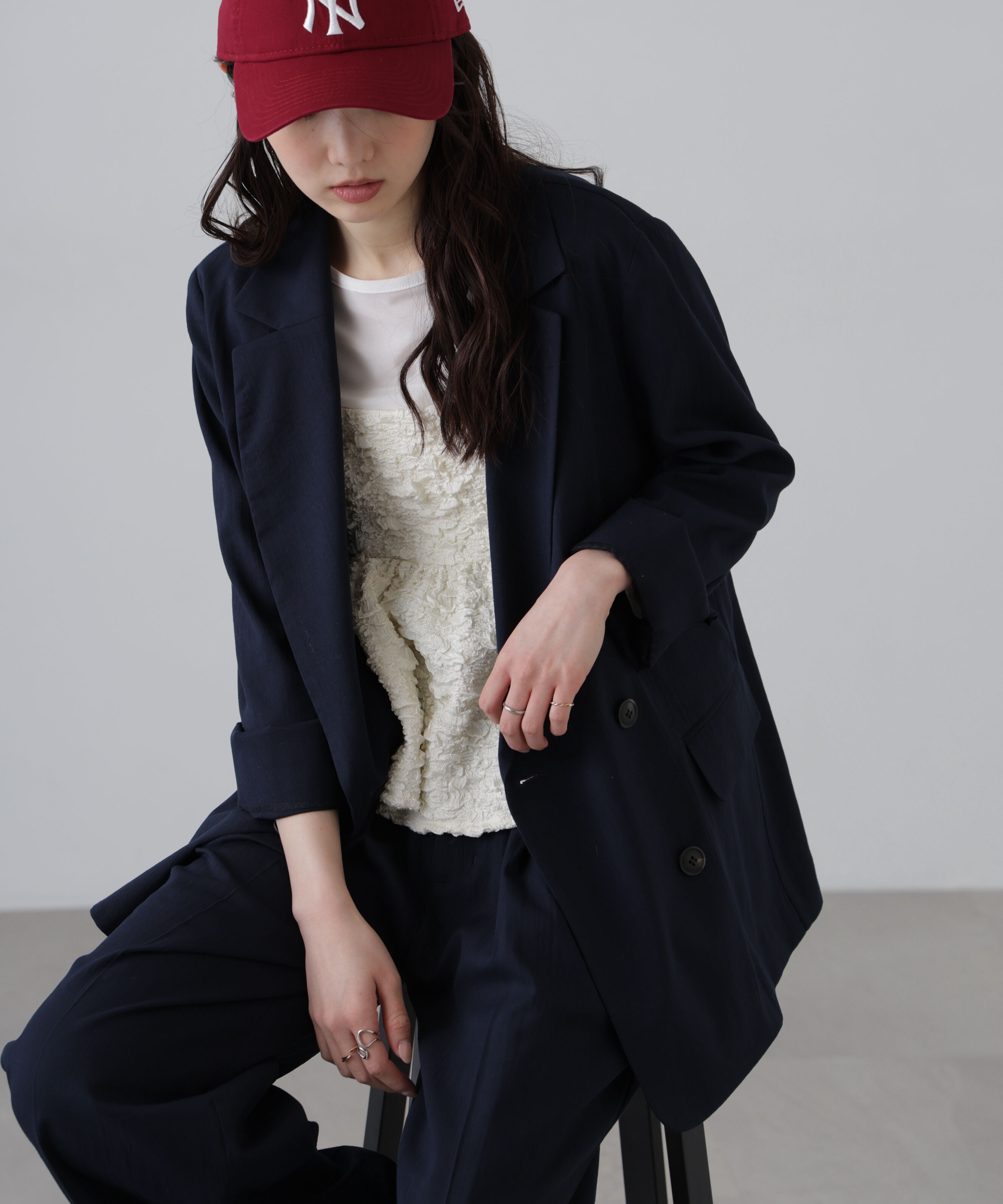  「麻調合繊ダブルブレストジャケット」|その他|ネイビー