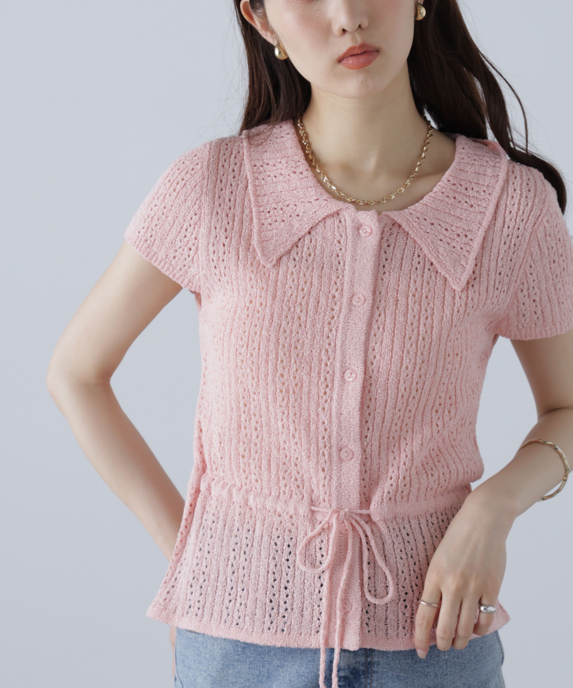  「透かし編みペプラムニット」|ニット・セーター|ピンク