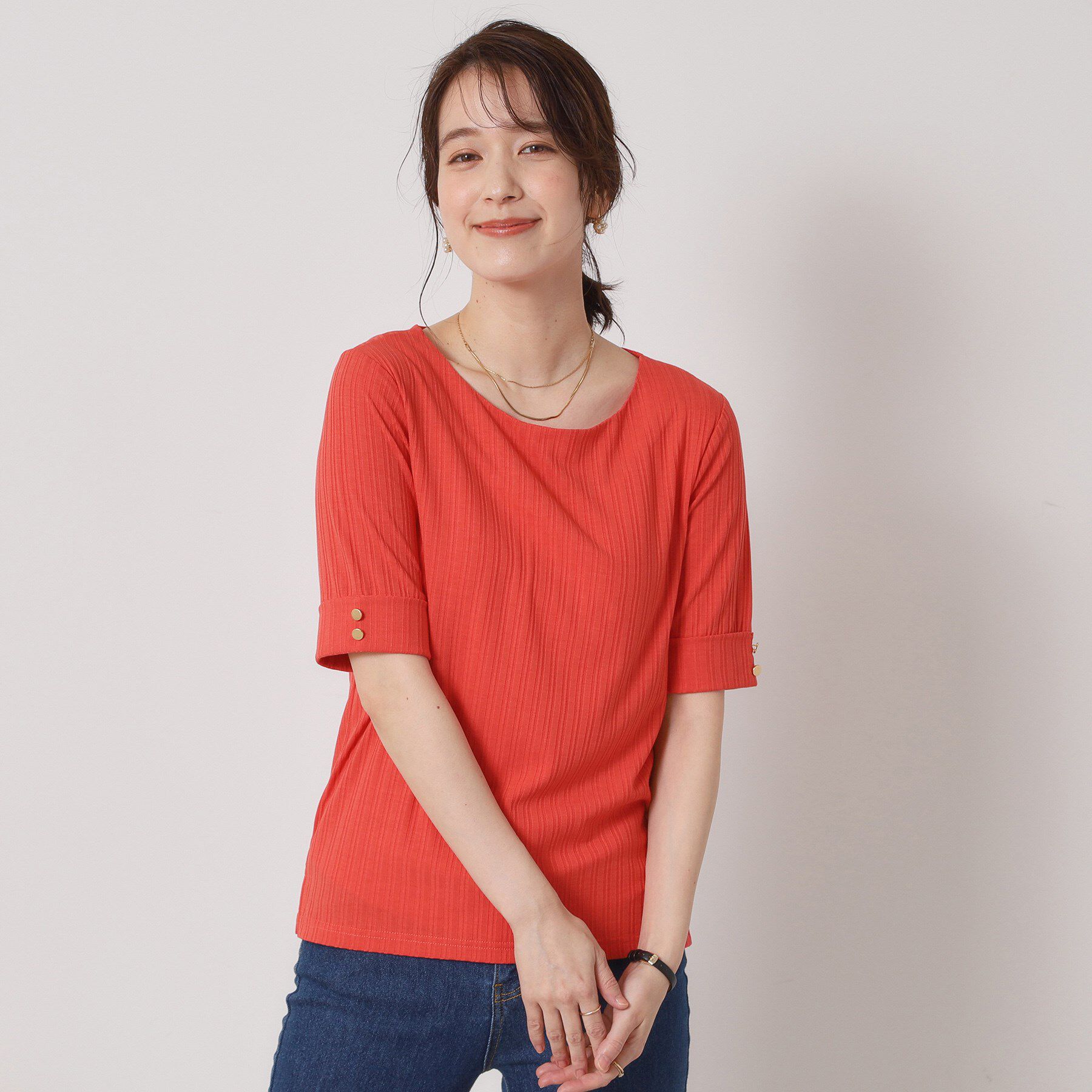 ITS&rsquo;DEMO「【手洗い可】ランダムテレコ袖釦プルオーバー」|Tシャツ・カットソー|レッド(062)