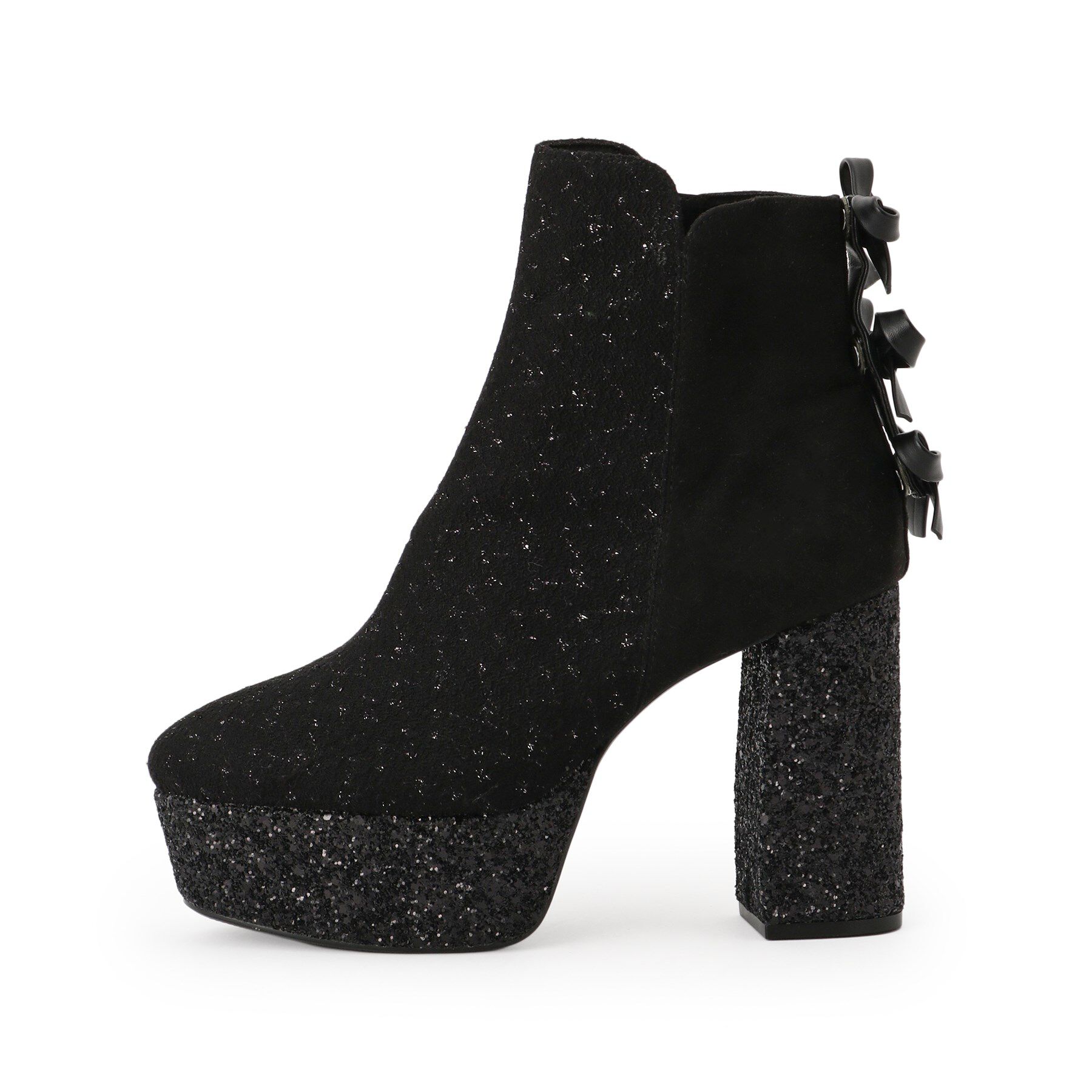 ESPERANZA「【ラク盛り/ショートブーツ】リピーター続出／脚長美脚 バックリボングリッターヒールショートブーツ」|ショートブーツ|