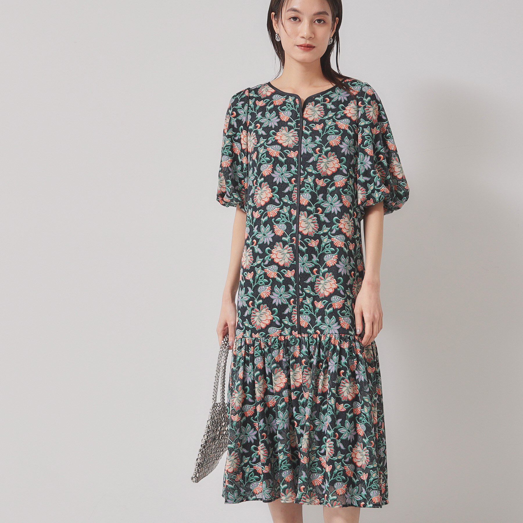 SunaUna「【オパールレース／パフスリーブ】ティアードワンピース」|ワンピース|ブラック(119)