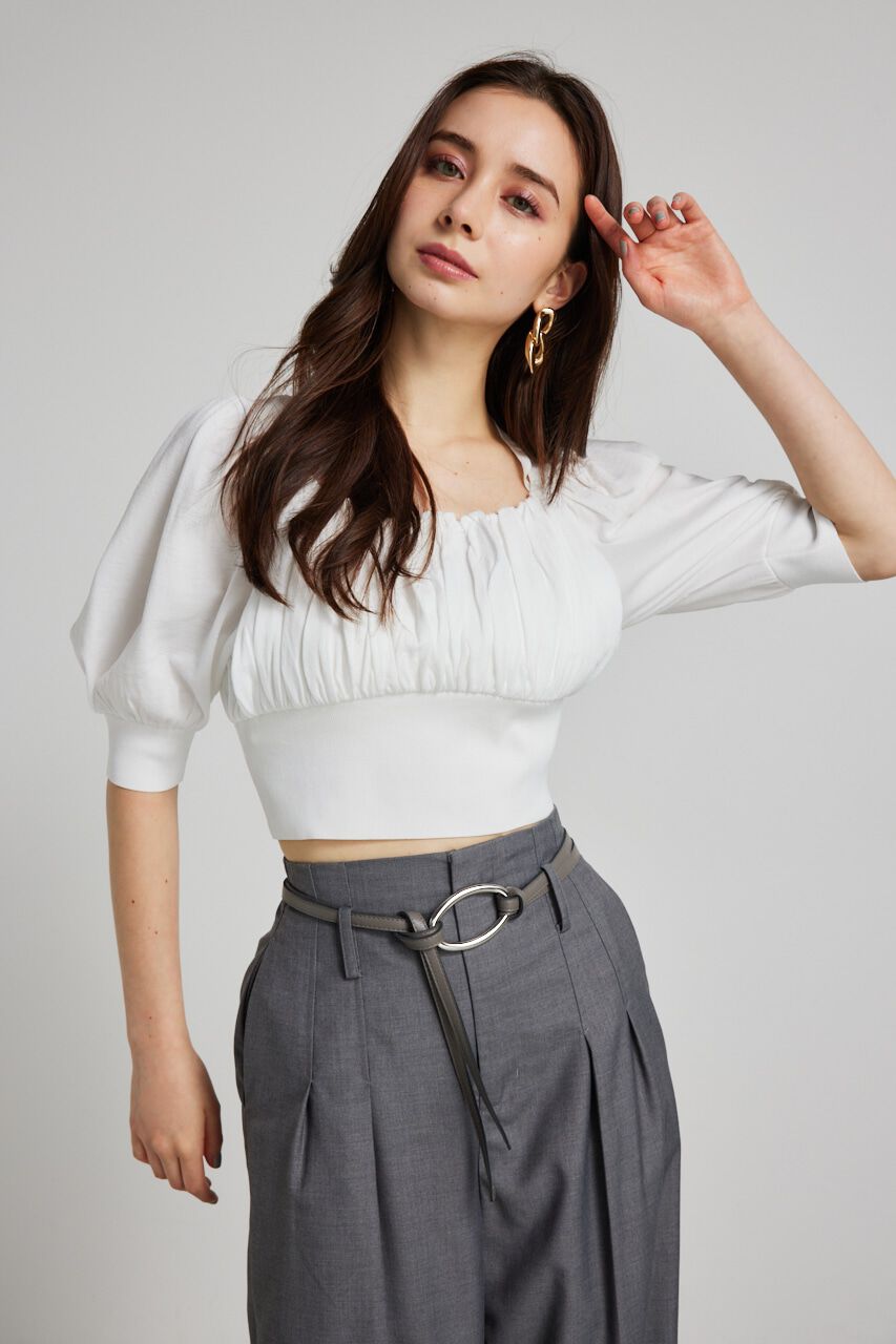 rienda「バストギャザークロップハーフSLV Knit TOP」|ニット・セーター|