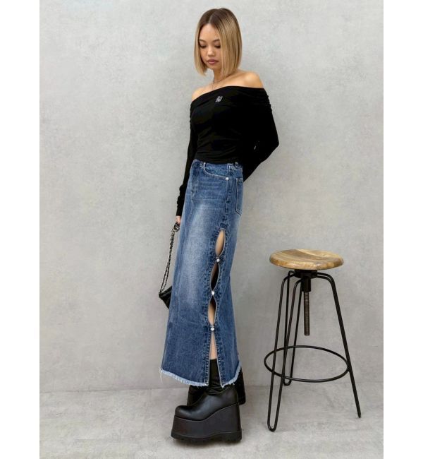 EVRIS「サイドビジューカットロングデニムスカート」|スカート|