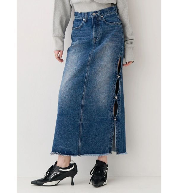 EVRIS「サイドビジューカットロングデニムスカート」|スカート|ブルー