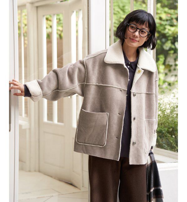 Lbc with Life「ボアコーデュロイリバーシブル襟付きジャケット」|ブルゾン・スタジャン|グレージュ