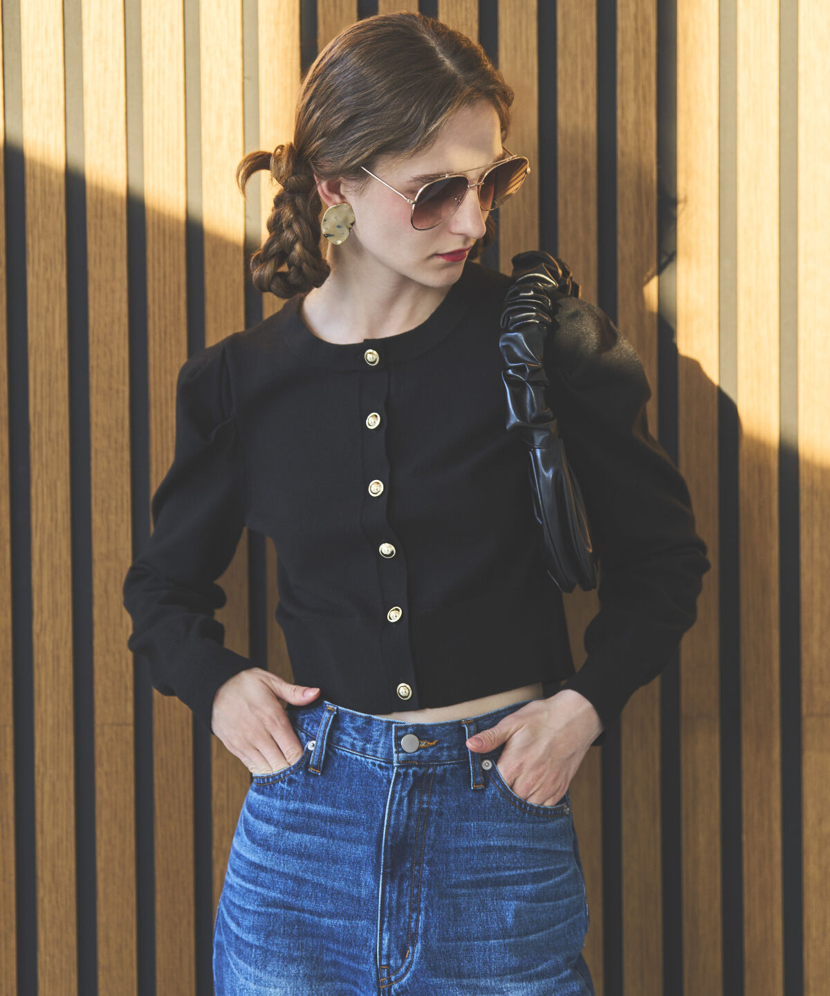 アンドクチュール「パワショルクルーネックカーディガン」|カーディガン|ブラック