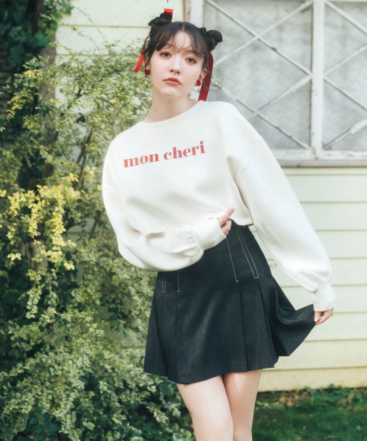 REDYAZEL「デニムライクタックプリーツミニスカート」|フレア|ブラック