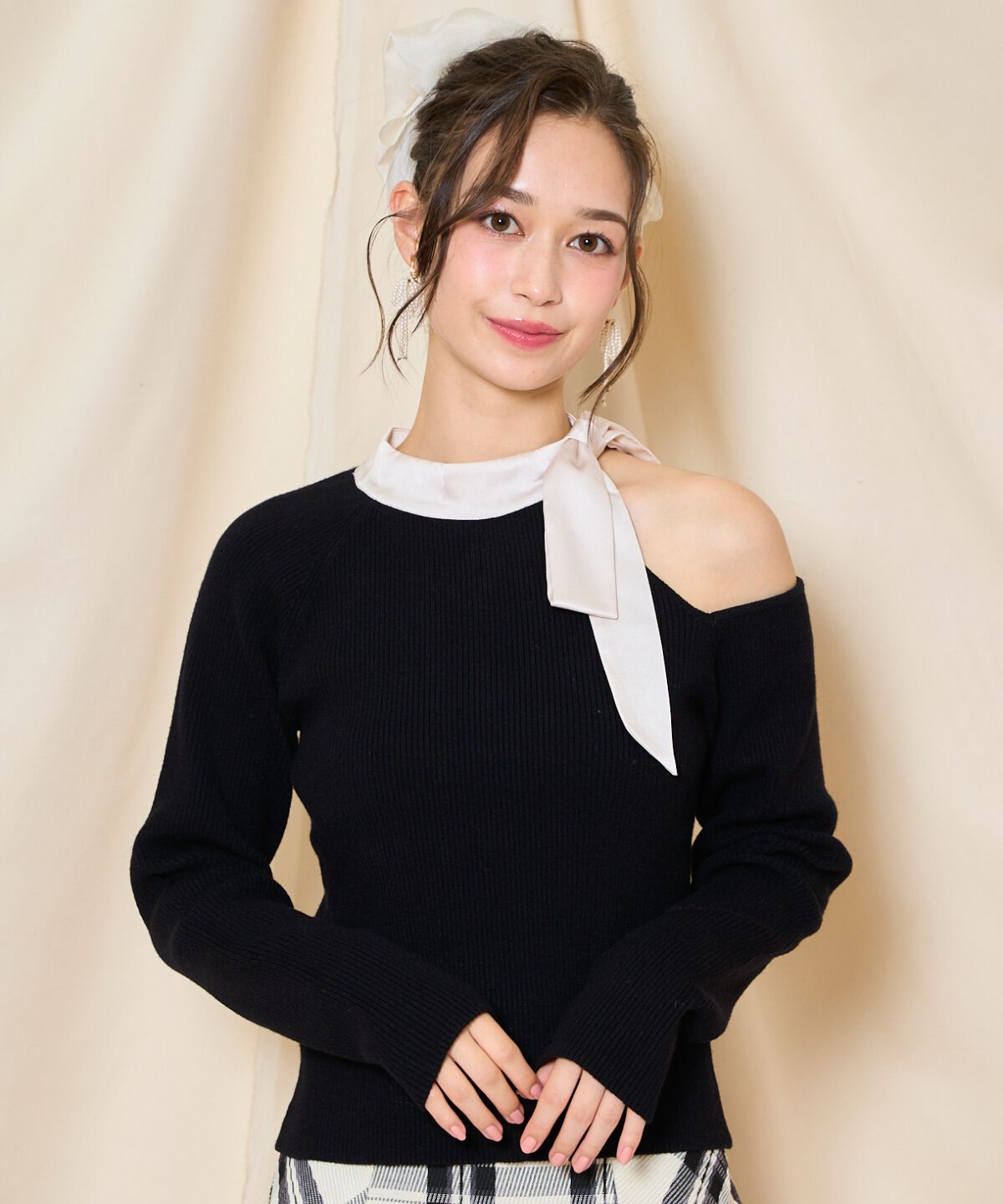 WILLSELECTION「ワンショルリボンタイリブニット」|ニット・セーター|ブラック