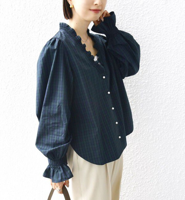 SHIPS for women「【WEB限定】〈手洗い可能〉 シャーリング Vネック 長袖 ブラウス」|シャツ・ブラウス|