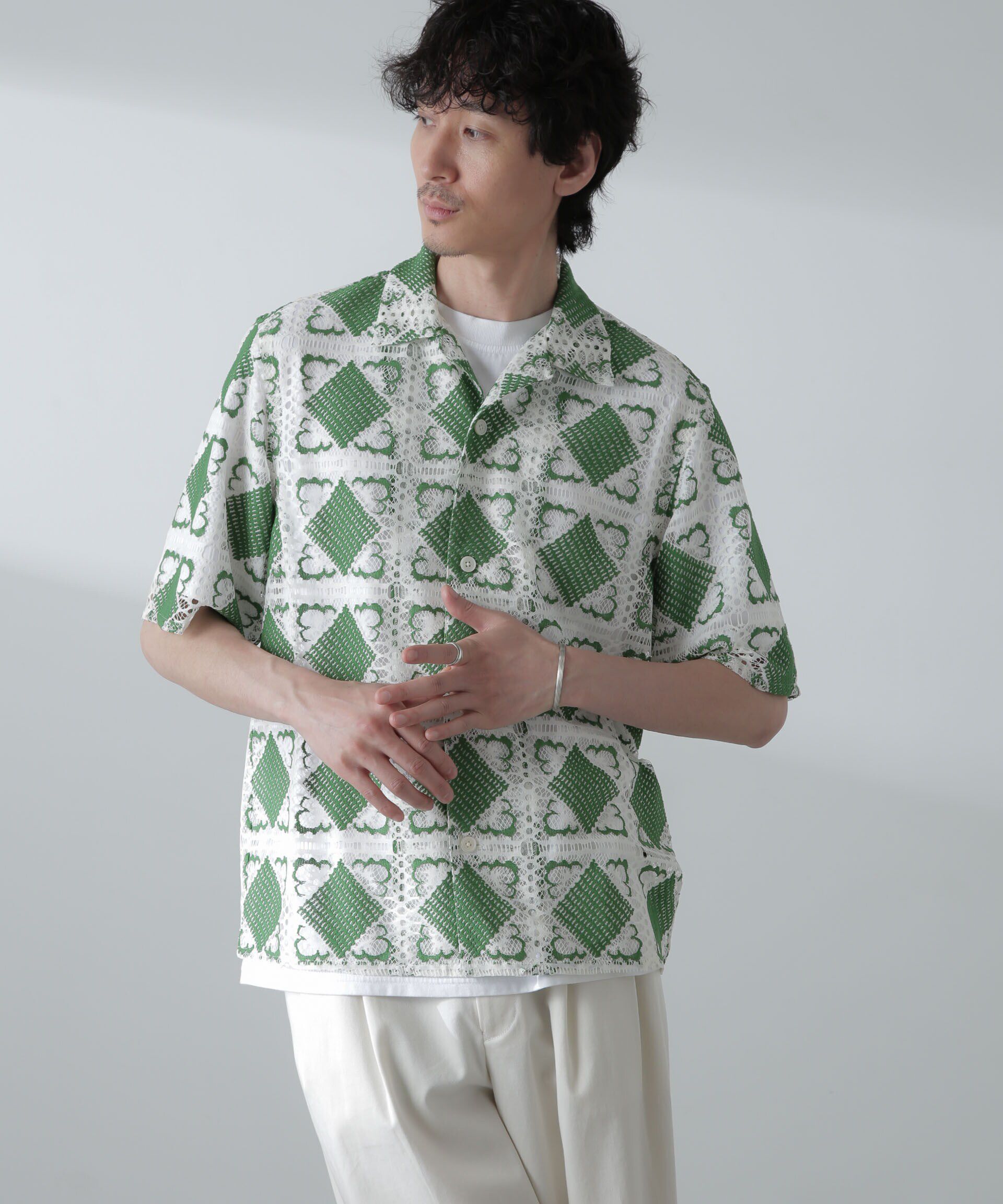 nano･universe「カットブローシェレースオープンカラーシャツ」|シャツ・ブラウス|グリーン