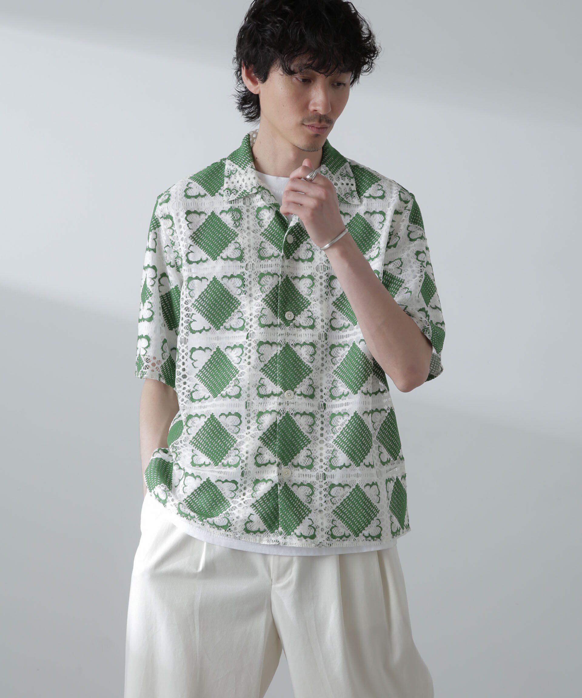 nano･universe「カットブローシェレースオープンカラーシャツ」|シャツ・ブラウス|