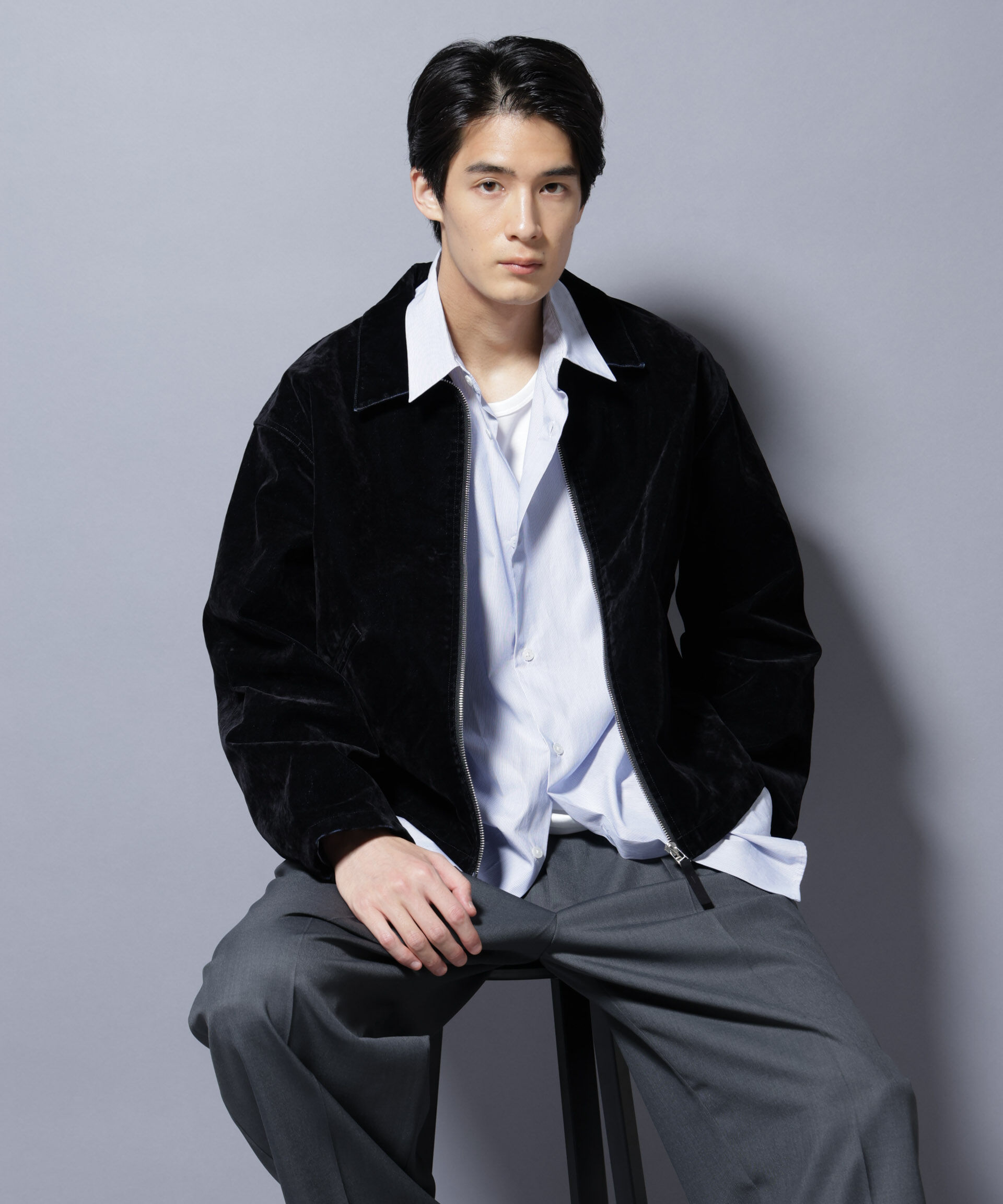 nano･universe「フロッキーデニム スポーツジャケット」|ブルゾン・スタジャン|ブラック