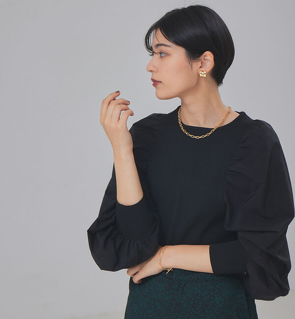 Rouge vif「ファブリックスリーブプルオーバー」|ニット・セーター|ブラック