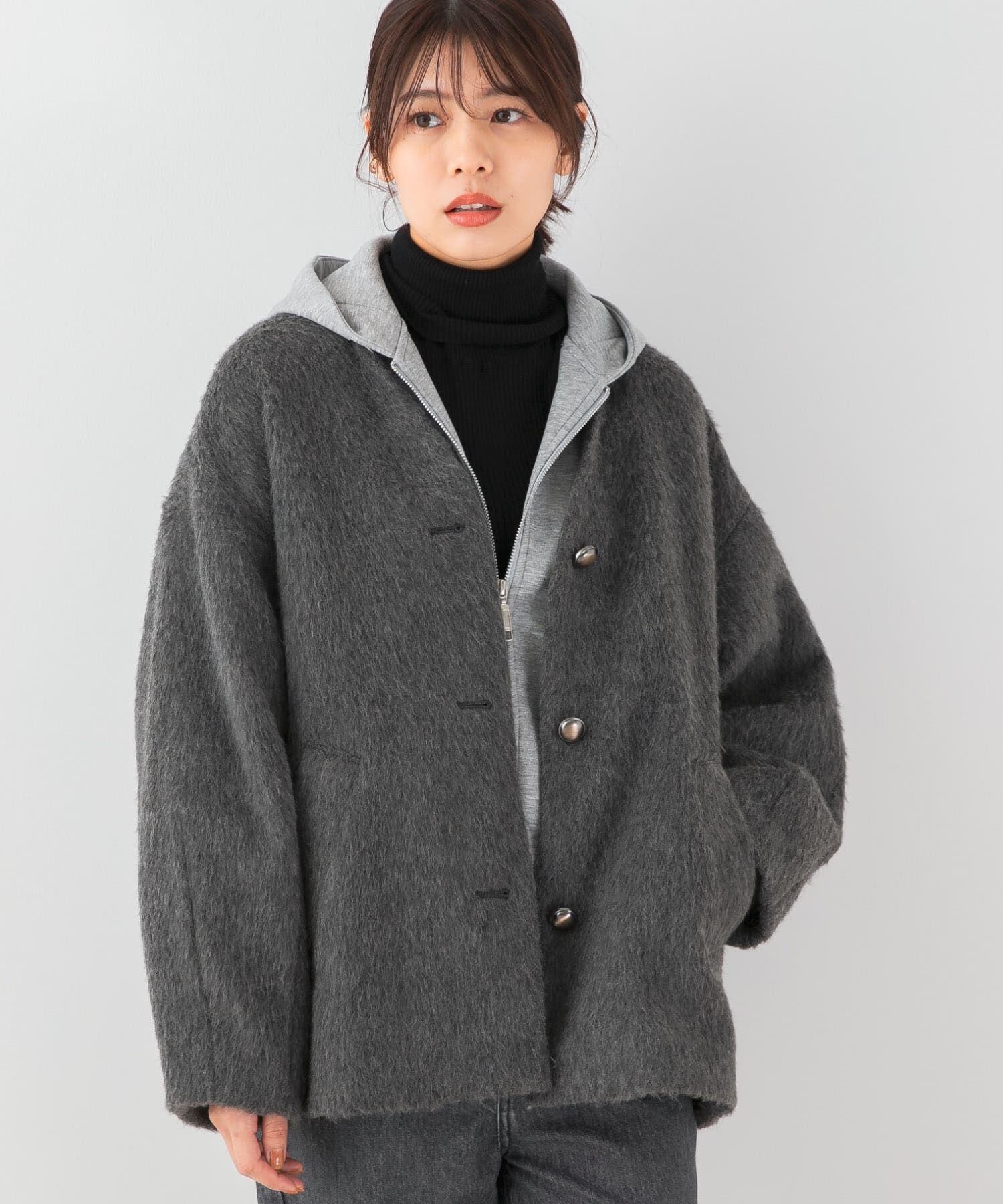 URBAN RESEARCH ROSSO「F by ROSSO　『UR TECH』シャギーノーカラーコート」|ノーカラージャケット|