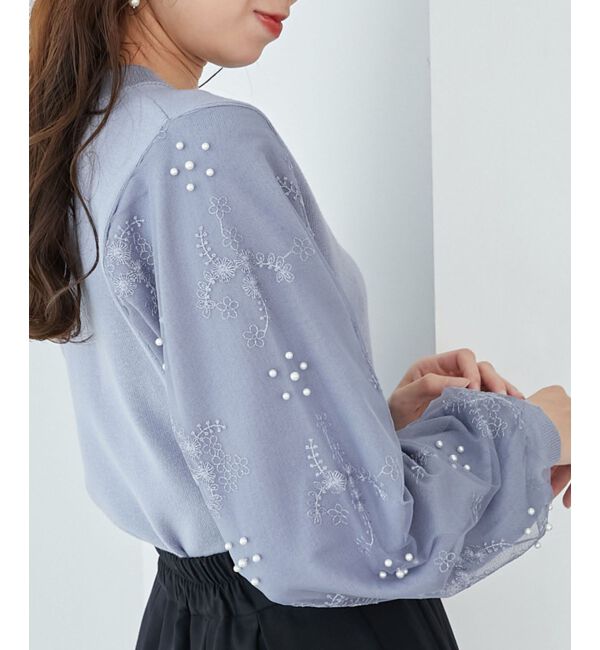  「パールチュールスリーブニット」|ニット・セーター|ブルー