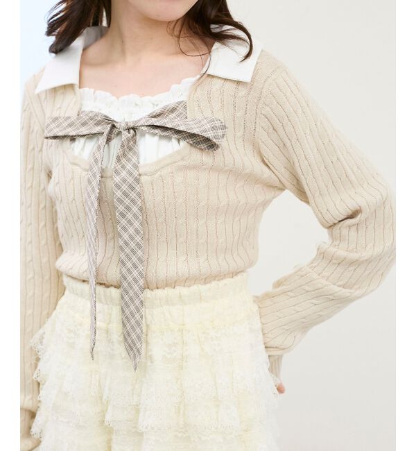  「◎チェックリボンレイヤードライクニット」|ニット・セーター|