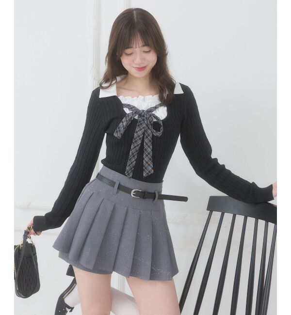  「◎チェックリボンレイヤードライクニット」|ニット・セーター|ブラック