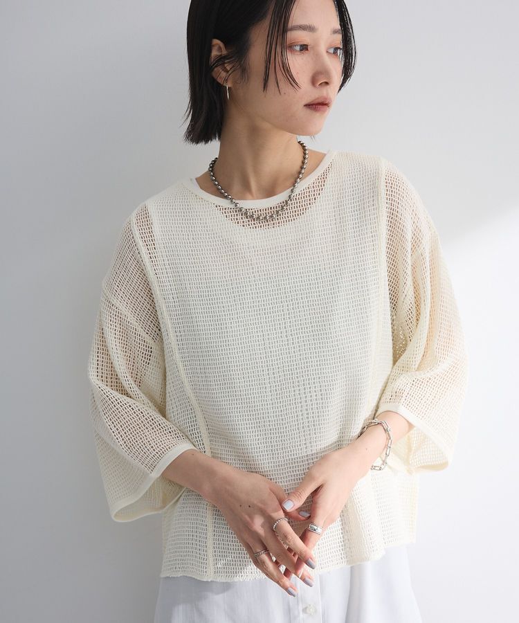 armonia「七分袖コットンメッシュラグラントップス」|Tシャツ・カットソー|Off White