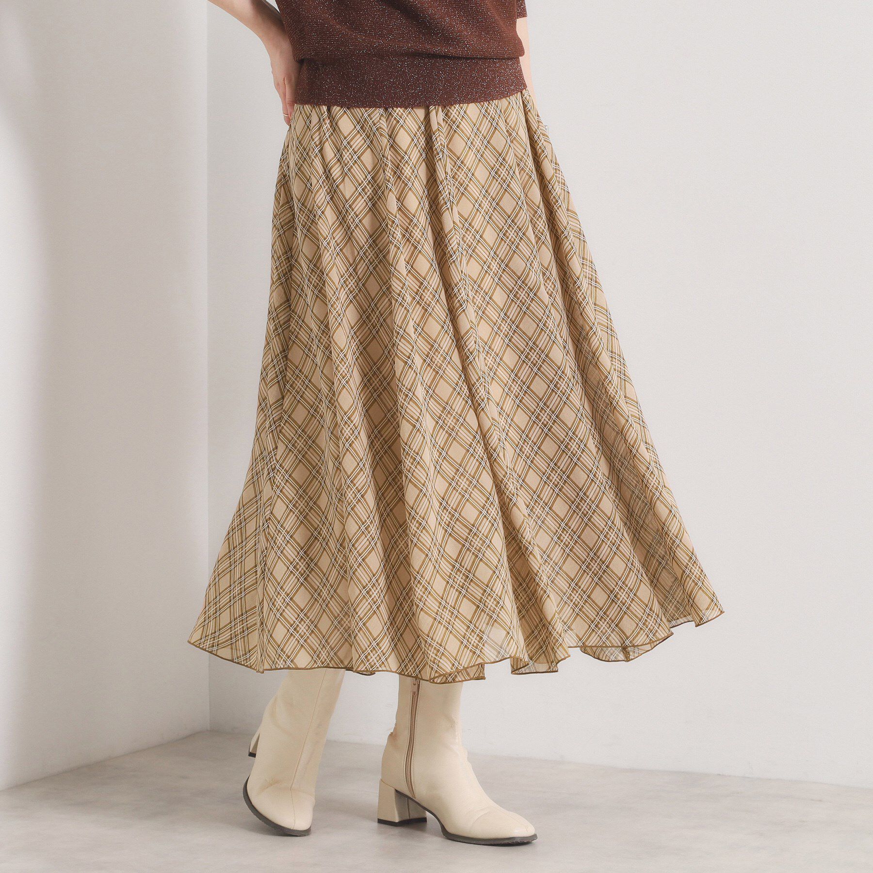 ITS&rsquo;DEMO「【手洗い可／ウエストゴム】シアーチェックフレアスカート」|スカート|ライトベージュ(15