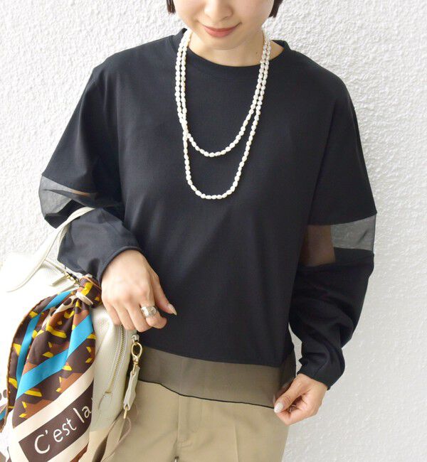 SHIPS for women「〈手洗い可能〉シアー コンビ プルオーバー ロング スリーブ」|Tシャツ・カットソー|ブラック