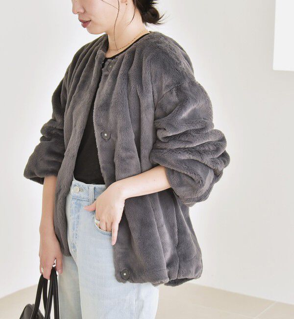 quaranciel「quaranciel: フェイクファー ノーカラー ショート ジャケット」|その他|グレー