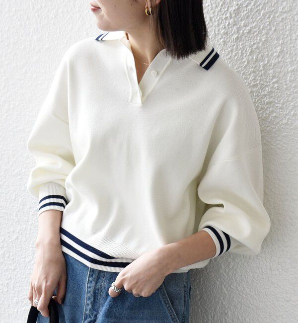 SHIPS any「SHIPS any:〈手洗い可能〉コットン ミックス ライン ポロニット プルオーバー」|ニット・セーター|オフホワイト