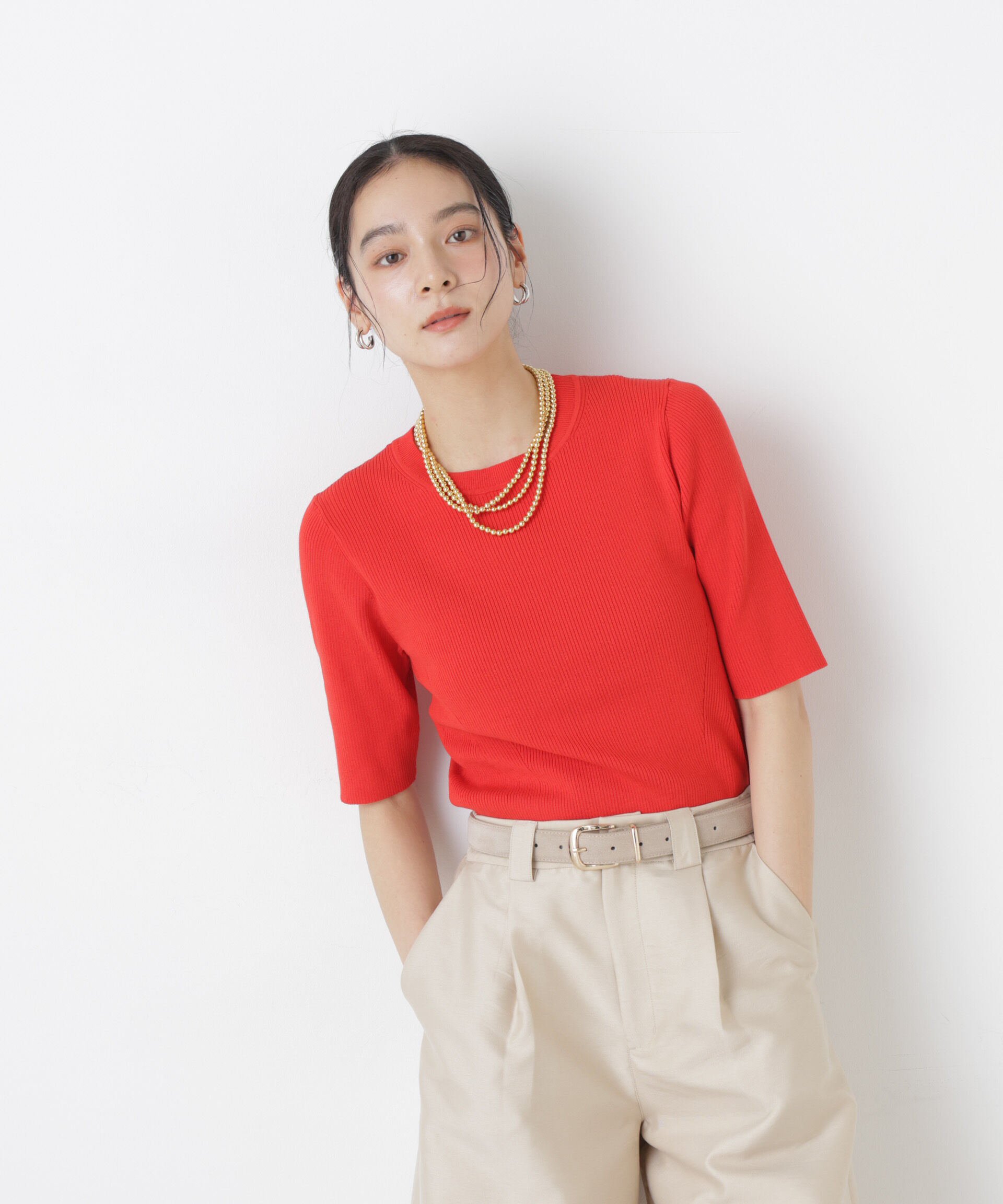 nano･universe「ウォッシャブルハイツイスト五分袖リブニット」|ニット・セーター|