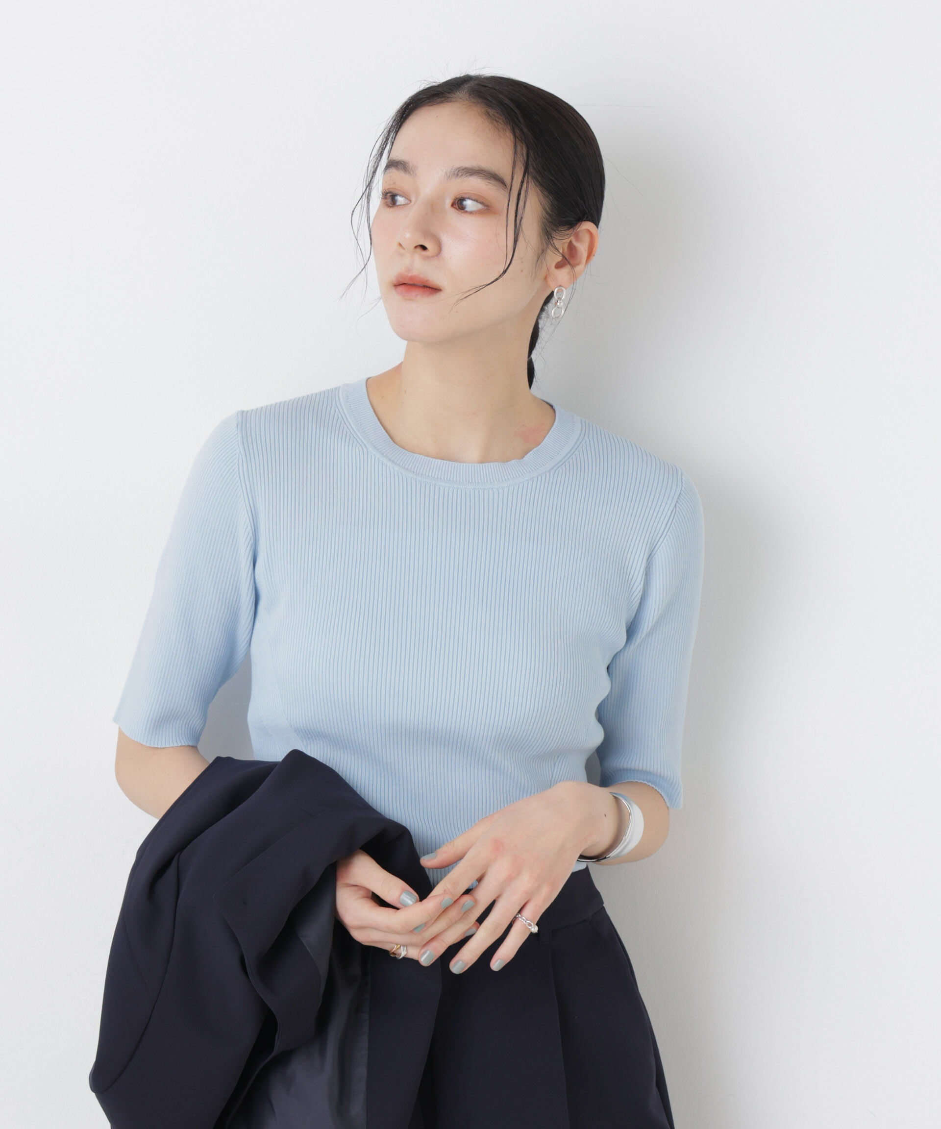 nano･universe「ウォッシャブルハイツイスト五分袖リブニット」|ニット・セーター|L.ブルー1