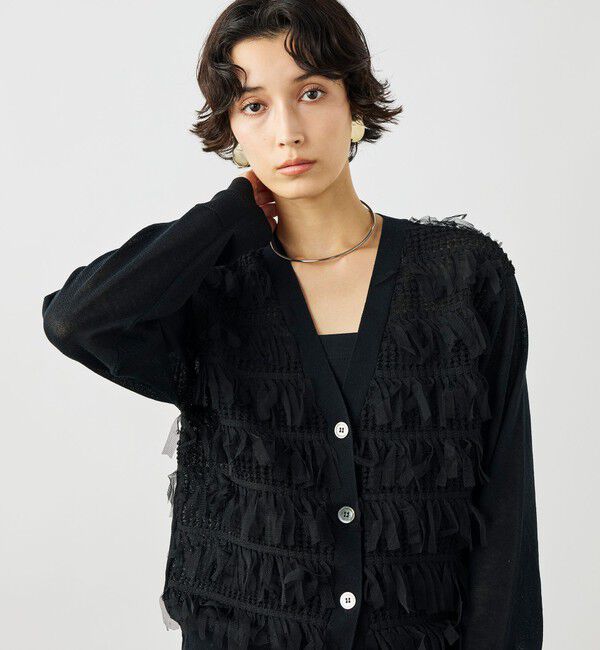 NOLLEY'S「《手洗い可能》チュールフリンジVネックカーディガン」|カーディガン|