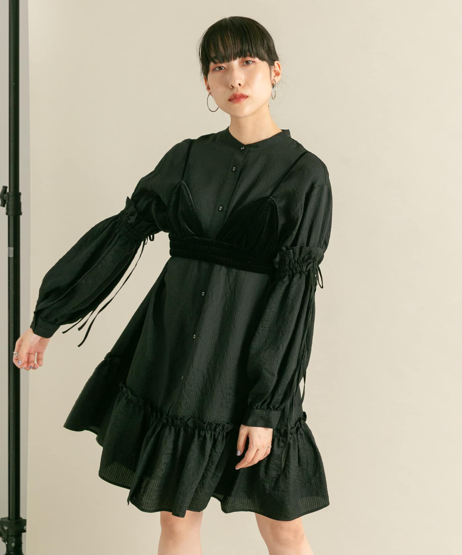  「ボリュームスリーブストライプミニワンピース」|ワンピース|